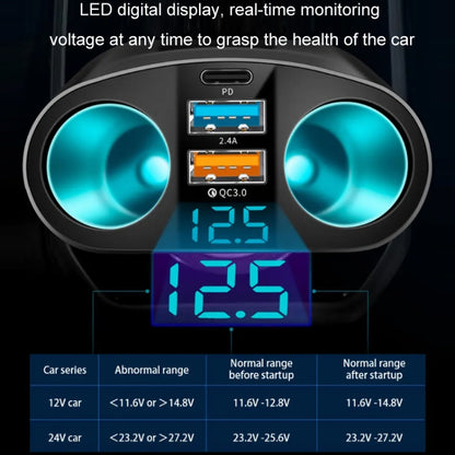 Dual USB Type-C Real-time Digital Display Cigarette Lighter Expansion Car Charger, 3.1A Double A+C, QC3.0+2.4A Dual A+C, 66W Dual A+C, PD+QC3.0+2.4A Dual A+C