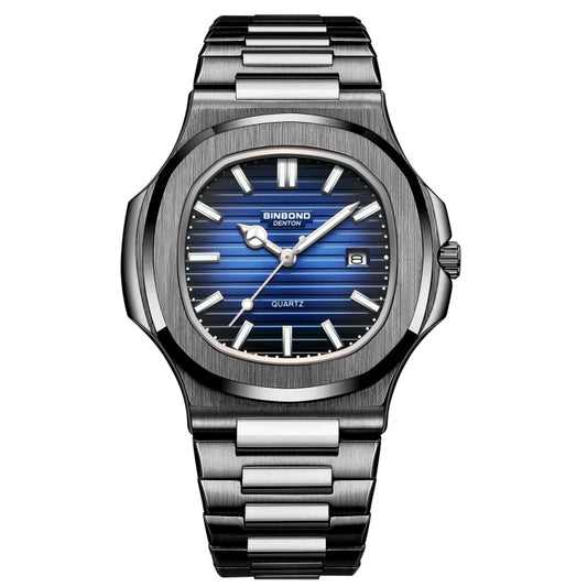 Montre homme BINBOND B1885 étanche 30 m, rétro lumineuse, carrée, à quartz, coloris acier blanc-bleu, acier blanc-noir, acier blanc, acier blanc, acier blanc, or rose-bleu, or rose-noir, or rose-blanc, acier noir-noir-blanc, acier noir-bleu-blanc
