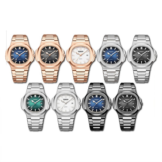 Montre homme BINBOND B1885 étanche 30 m, rétro lumineuse, carrée, à quartz, coloris acier blanc-bleu, acier blanc-noir, acier blanc, acier blanc, acier blanc, or rose-bleu, or rose-noir, or rose-blanc, acier noir-noir-blanc, acier noir-bleu-blanc