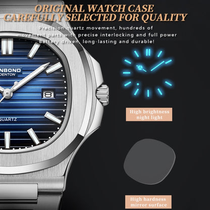 BINBOND B1885 30m Waterproof Retro Luminous Square Men Quartz Watch, White Steel-Blue, White Steel-Black, White Steel-White, White Steel-Green, Rose Gold-Blue, Rose Gold-Black, Rose Gold-White, Black Steel-Black-White, Black Steel-Blue-White