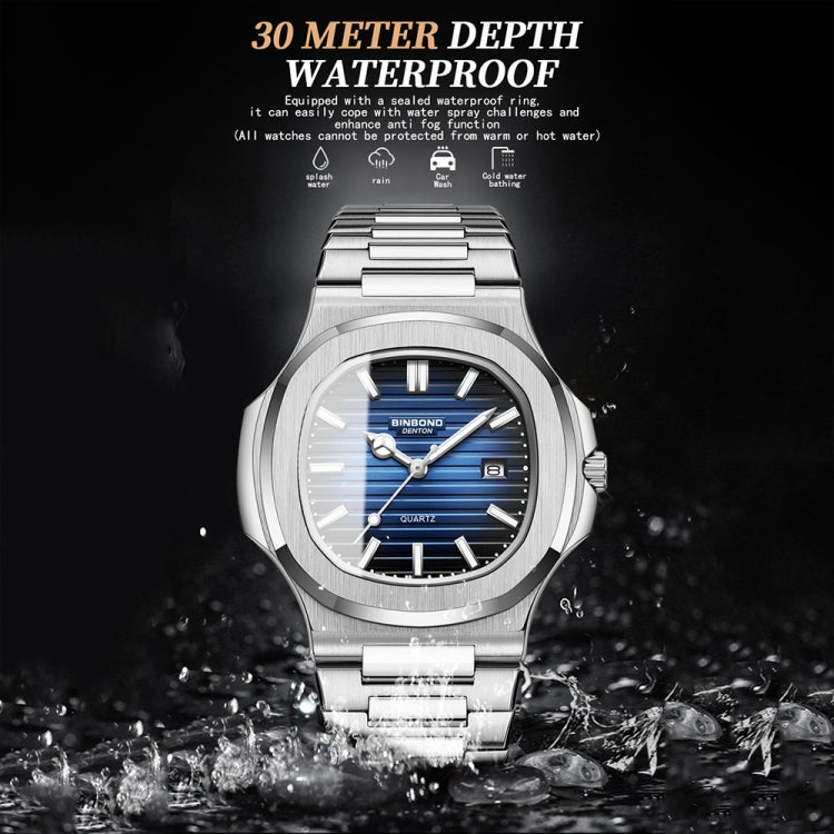 BINBOND B1885 30m Waterproof Retro Luminous Square Men Quartz Watch, White Steel-Blue, White Steel-Black, White Steel-White, White Steel-Green, Rose Gold-Blue, Rose Gold-Black, Rose Gold-White, Black Steel-Black-White, Black Steel-Blue-White