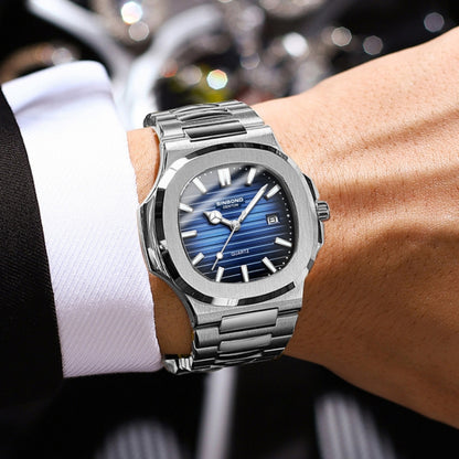BINBOND B1885 30m Waterproof Retro Luminous Square Men Quartz Watch, White Steel-Blue, White Steel-Black, White Steel-White, White Steel-Green, Rose Gold-Blue, Rose Gold-Black, Rose Gold-White, Black Steel-Black-White, Black Steel-Blue-White