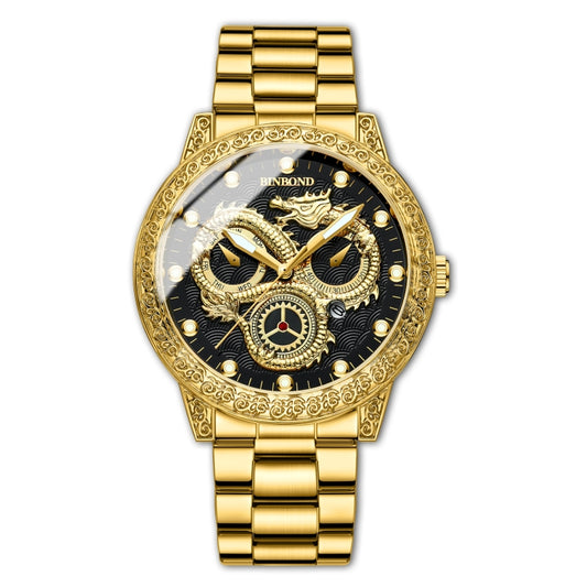 Montre à quartz étanche et lumineuse BINBOND B3030 avec dragon en relief, or et noir, acier blanc.