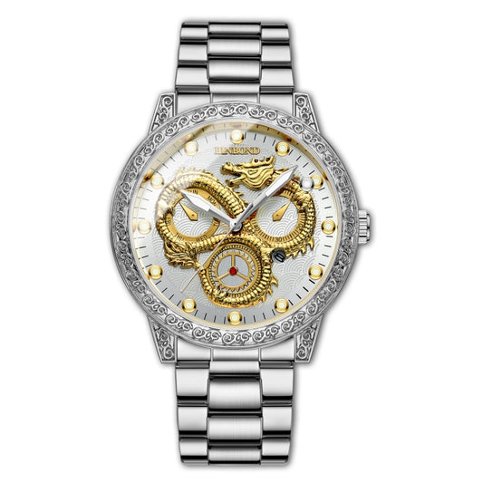 Montre à quartz étanche et lumineuse BINBOND B3030 avec dragon en relief, or et noir, acier blanc.