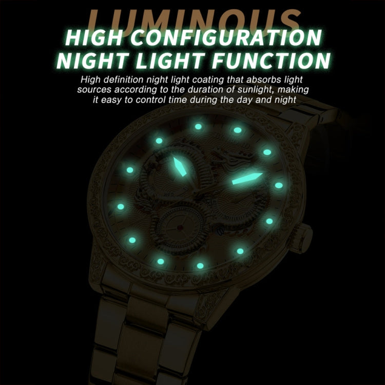 Montre à quartz étanche lumineuse BINBOND B3030 Dragon Gaufré, Or complet-Noir, Acier blanc-Blanc