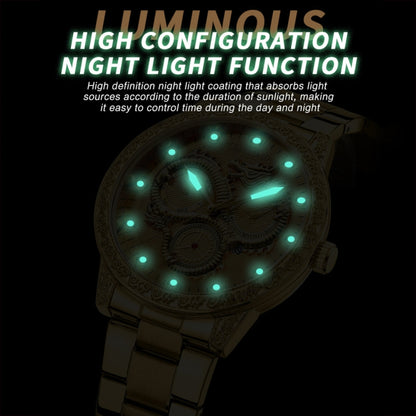 Montre à quartz étanche lumineuse BINBOND B3030 Dragon Gaufré, Or complet-Noir, Acier blanc-Blanc