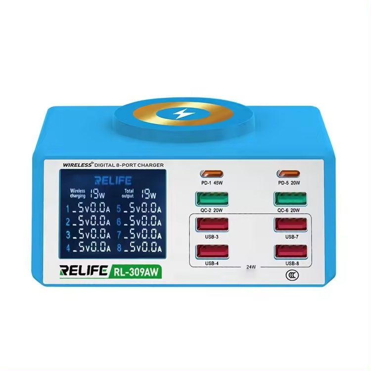 RELIFE RL-309AW  QC3.0 PD Fast Wireless Charger With LCD Display 8 Ports, RL-309AW  US Plug, RL-309AW  EU Plug