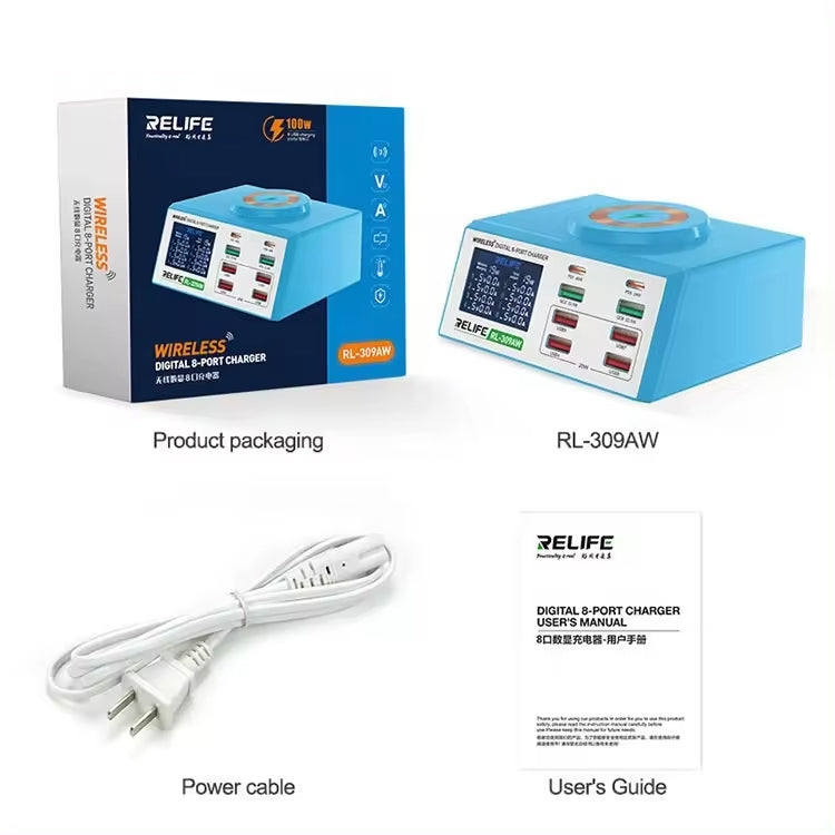 RELIFE RL-309AW  QC3.0 PD Fast Wireless Charger With LCD Display 8 Ports, RL-309AW  US Plug, RL-309AW  EU Plug