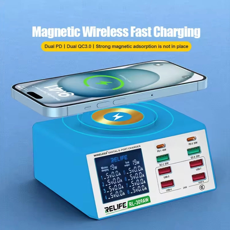 RELIFE RL-309AW  QC3.0 PD Fast Wireless Charger With LCD Display 8 Ports, RL-309AW  EU Plug, RL-309AW  US Plug