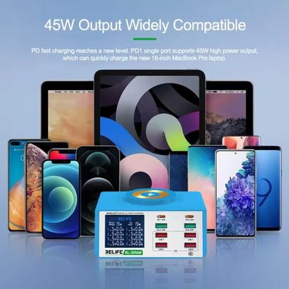 RELIFE RL-309AW  QC3.0 PD Fast Wireless Charger With LCD Display 8 Ports, RL-309AW  US Plug, RL-309AW  EU Plug