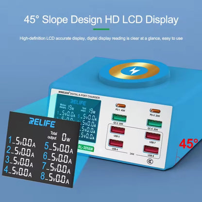 RELIFE RL-309AW  QC3.0 PD Fast Wireless Charger With LCD Display 8 Ports, RL-309AW  EU Plug, RL-309AW  US Plug