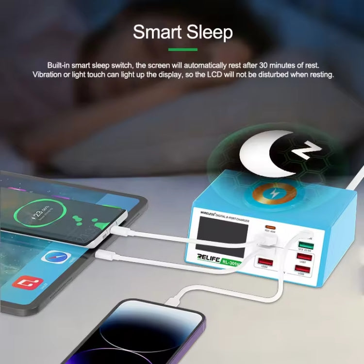 RELIFE RL-309AW  QC3.0 PD Fast Wireless Charger With LCD Display 8 Ports, RL-309AW  US Plug, RL-309AW  EU Plug