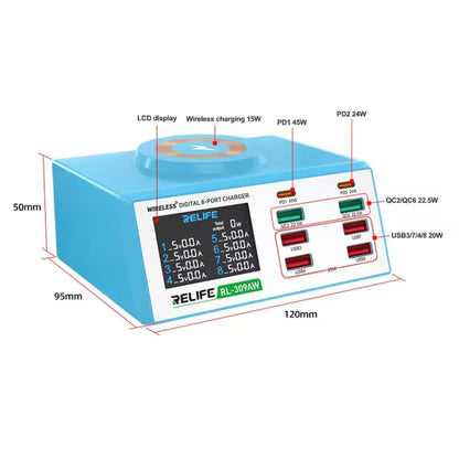 RELIFE RL-309AW  QC3.0 PD Fast Wireless Charger With LCD Display 8 Ports, RL-309AW  EU Plug, RL-309AW  US Plug