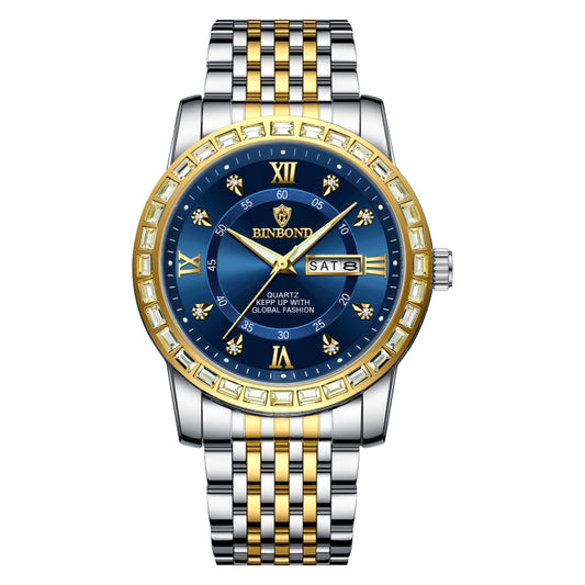 Montre à quartz lumineuse à double calendrier BINBOND B2202 Diamond, coloris or-bleu, or-vert, or-noir, or-blanc, or pur, or pur, acier blanc-bleu, acier blanc-noir, acier blanc-blanc, acier noir-noir-blanc.