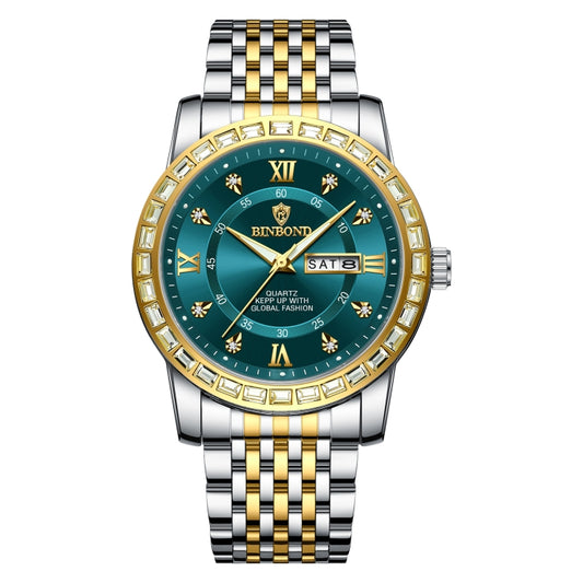 Montre à quartz lumineuse à double calendrier BINBOND B2202 Diamond, coloris or-bleu, or-vert, or-noir, or-blanc, or pur, or pur, acier blanc-bleu, acier blanc-noir, acier blanc-blanc, acier noir-noir-blanc.
