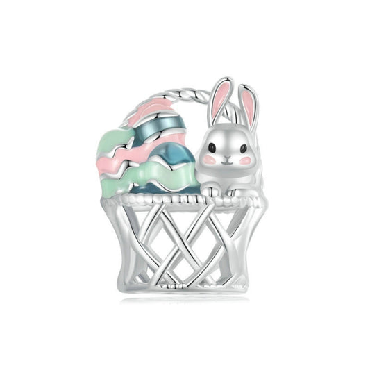 S925 Sterling Silver Easter Basket Egg Rabbit DIY Beads, BSC997