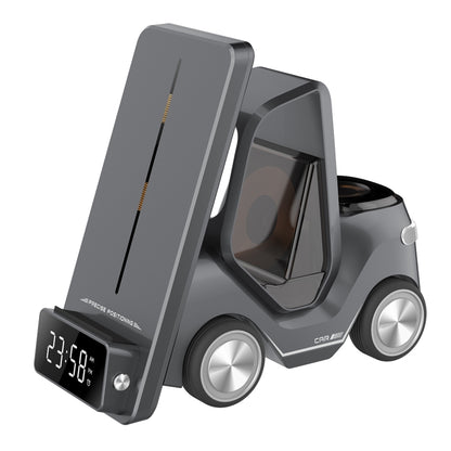 T20 5-in-1 Car-shaped Desktop Alarm Clock Wireless Charger with Atmosphere Light, White, Gray, Yellow, Orange