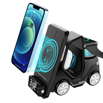 T20 5-in-1 Car-shaped Desktop Alarm Clock Wireless Charger with Atmosphere Light, White, Gray, Yellow, Orange