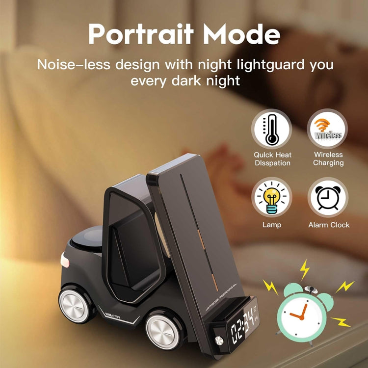 T20 5-in-1 Car-shaped Desktop Alarm Clock Wireless Charger with Atmosphere Light, White, Gray, Yellow, Orange