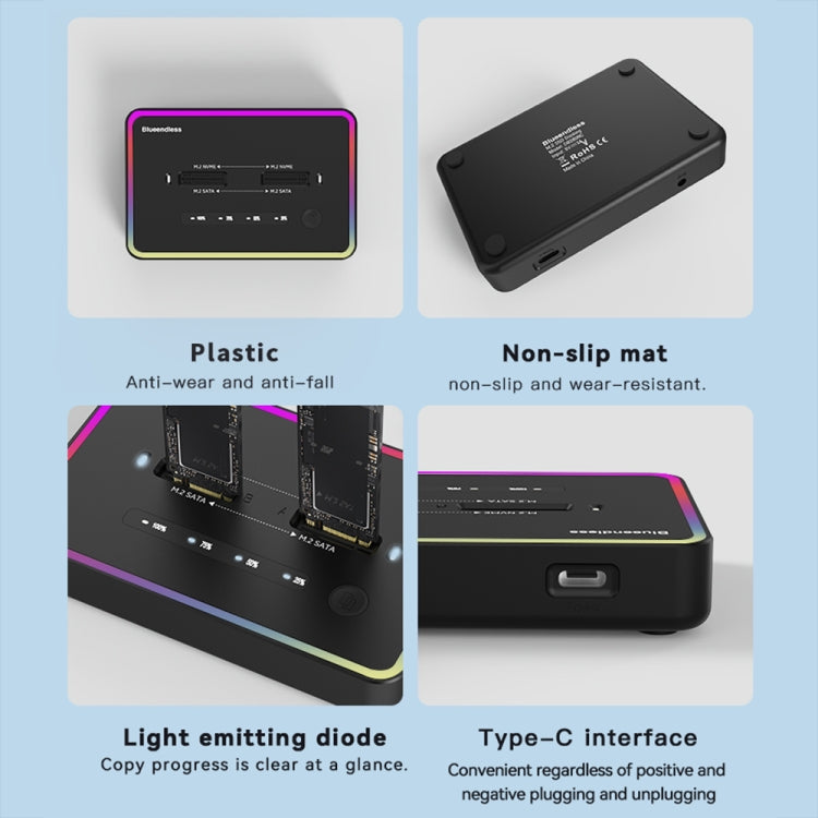 Blueendless M.2 Dual-Slot Hard Drive Base Solid State Hard Drive Box, US Plug, RGB Dual NVME or Dual SATA, Dual NVME or Dual SATA, RGB NVME + SATA, NVME + SATA, RGB Dual SATA, Dual SATA