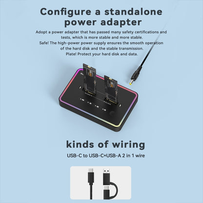 Blueendless M.2 Dual-Slot Hard Drive Base Solid State Hard Drive Box, US Plug, RGB Dual NVME or Dual SATA, Dual NVME or Dual SATA, RGB NVME + SATA, NVME + SATA, RGB Dual SATA, Dual SATA