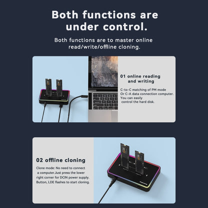 Blueendless M.2 Dual-Slot Hard Drive Base Solid State Hard Drive Box, US Plug, RGB Dual NVME or Dual SATA, Dual NVME or Dual SATA, RGB NVME + SATA, NVME + SATA, RGB Dual SATA, Dual SATA
