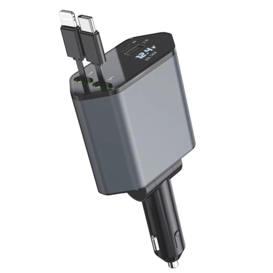 Chargeur rapide de voiture multifonctionnel 4-en-1 120W USB rétractable à double ligne avec affichage numérique