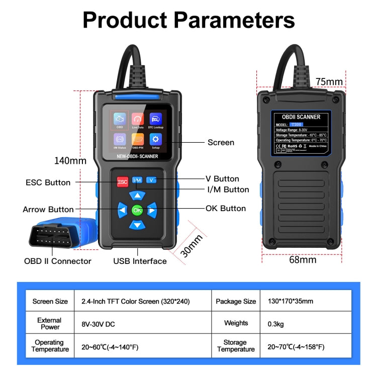 Instrument de diagnostic de pannes automobiles Testeur de moteur OBD2 ELM327, T200