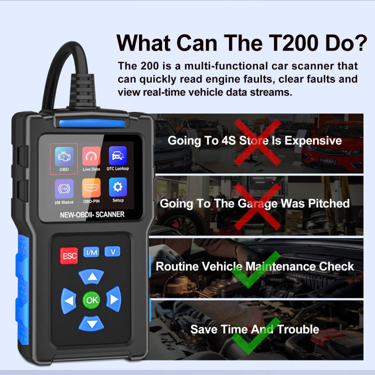 Instrument de diagnostic de pannes automobiles Testeur de moteur OBD2 ELM327, T200