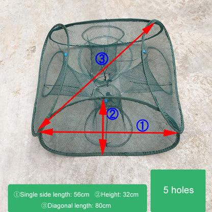 Automatischer faltbarer Angelkäfig, quadratisches Fischernetz, Garnelenfanggerät, 5 Löcher, 9 Löcher, 13 Löcher, 17 Löcher, 21 Löcher