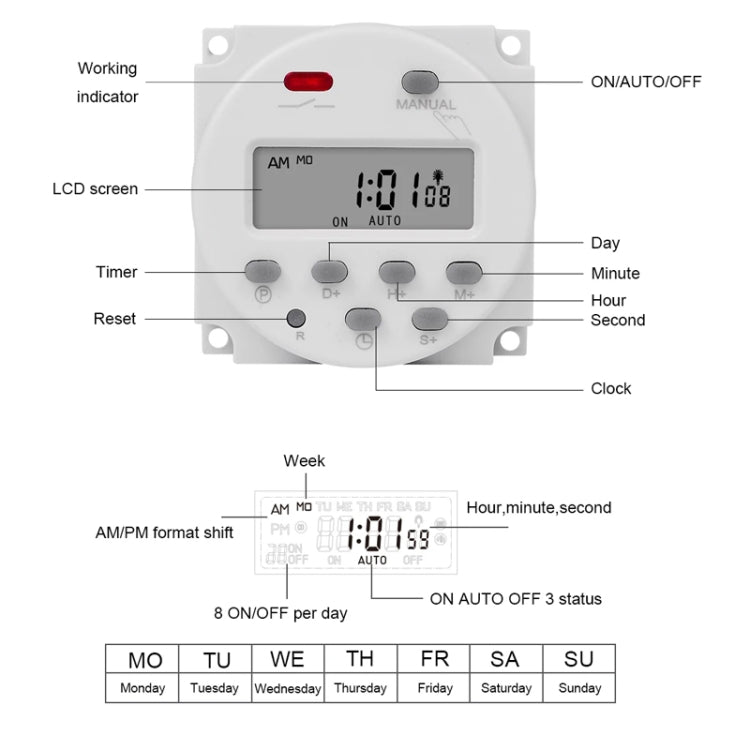 1 Second Interval Digital LCD Timer Switch 7 Days Weekly Programmable Time Relay, SINOTIMER CN101S-110V, SINOTIMER CN101S-2 220V, SINOTIMER CN101S-3 24V, SINOTIMER CN101S-4 12V, SINOTIMER CN101S-5V