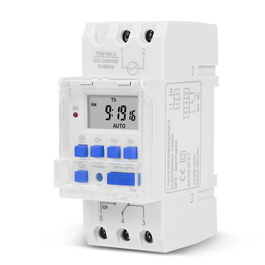 16A Din Rail Mount Digital Timer Switch Microcomputer Weekly Programmable Time Relay Control, SINOTIMER TM919A-110V, SINOTIMER TM919A-2 220V, SINOTIMER TM919A-3 24V, SINOTIMER TM919A-4 12V, T SINOTIMER TM919A-5V, SINOTIMER TM919AK 85-265V AC