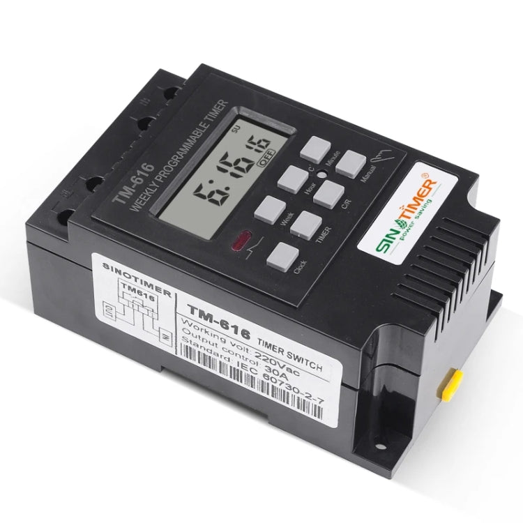 30A Weekly Programmable Digital Timer Switch Relay Control, SINOTIMER TM616B-1 110V, SINOTIMER TM616B-2 220V, SINOTIMER TM616B-4 12V, SINOTIMER TM616W-2 220V, SINOTIMER TM616W-4 12V