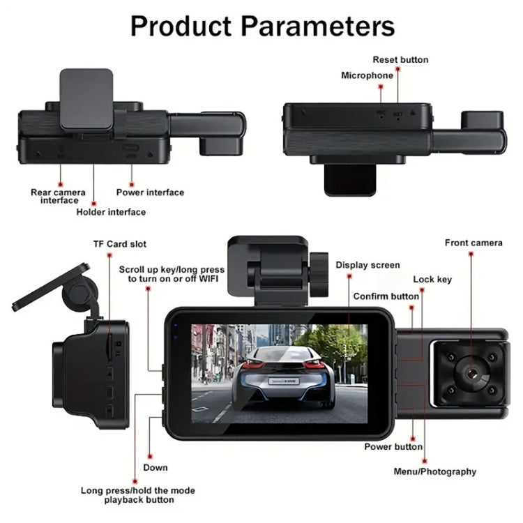 Enregistreur de conduite vidéo WIFI 3 objectifs 1080P avec vision nocturne