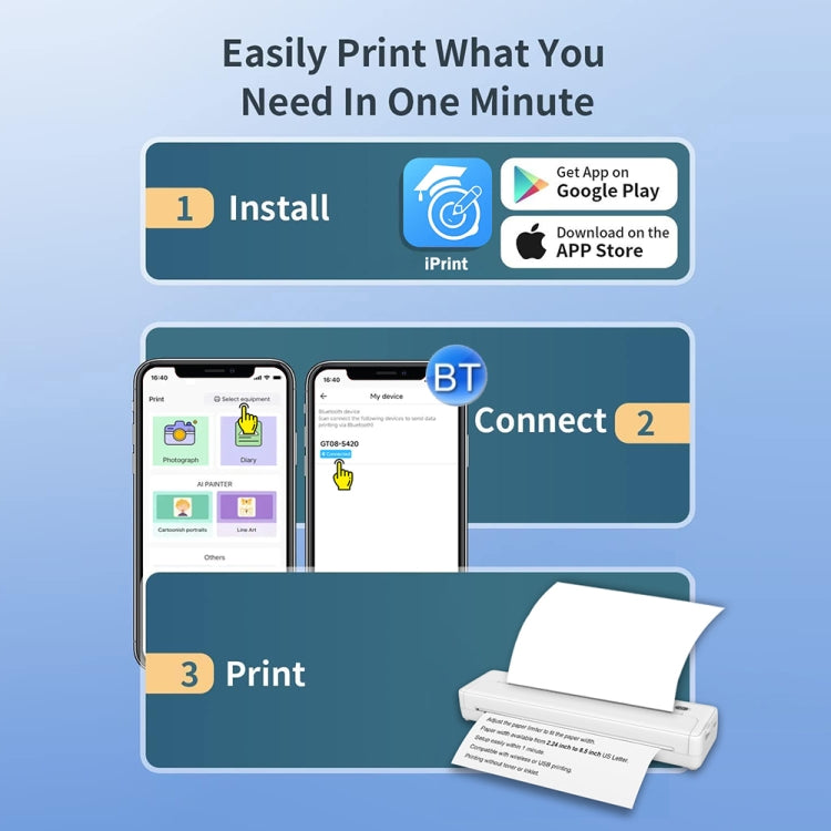 A4-XZ 203DPI A4 Home Portable Smart Wireless Inkless Thermal Printer, White, Black