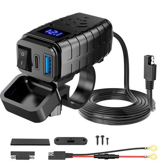 Chargeur USB PD3.0 pour téléphone portable de moto avec voltmètre numérique, interrupteur, écran bleu, écran rouge, écran vert