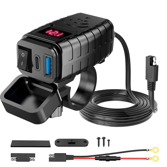 Chargeur USB PD3.0 pour téléphone portable de moto avec voltmètre numérique, interrupteur, écran bleu, écran rouge, écran vert