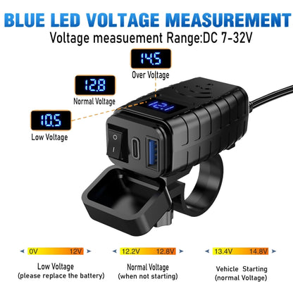 PD3.0 Motorcycle USB Mobile Phone Charger Digital Voltage Meter with Switch, Blue Screen, Red Screen, Green Screen