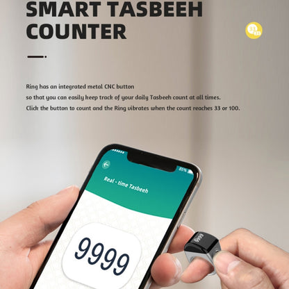 Equantu Smart Bluetooth Finger Counter Muslim Prayer Time Reminder Ring, Gold 18mm, Black 18mm, Silver 18mm, Gold 20mm, Black 20mm, Silver 20mm, Gold 22mm, Black 22mm, Silver 22mm