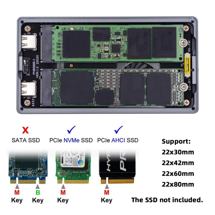 Dual M.2 NVME SSD RAID Array Mobile Hard Drive Enclosure Type-C USB3.2 GEN2x2 20G 586R, PH8586R