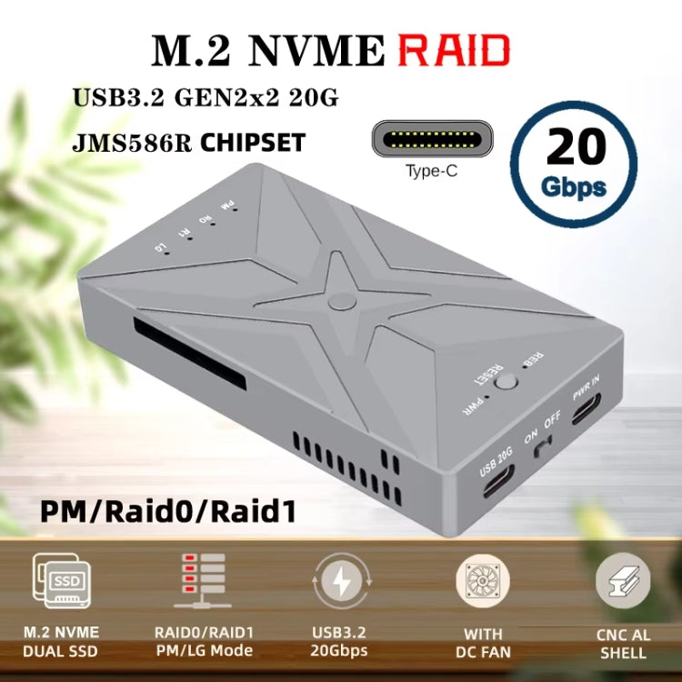 Dual M.2 NVME SSD RAID Array Mobile Hard Drive Enclosure Type-C USB3.2 GEN2x2 20G 586R, PH8586R