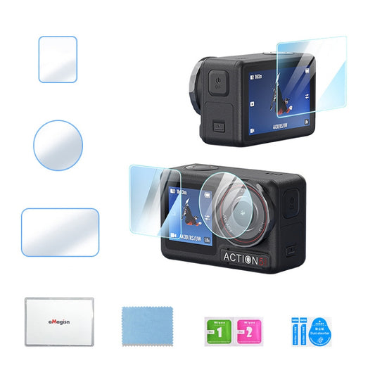 Para DJI Osmo Action 5 Pro, juego de protectores de pantalla de vidrio templado aMagisn de dureza 9H, paquete A, paquete B.
