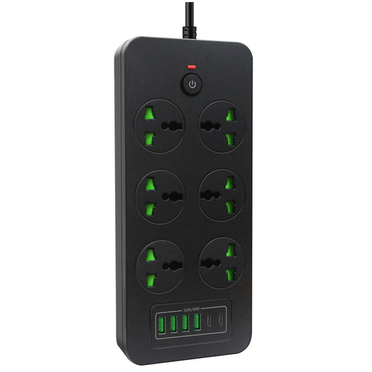 Thunderproof Overload Protection 4USB+2PD+6 Holes Socket, Black UK Plug