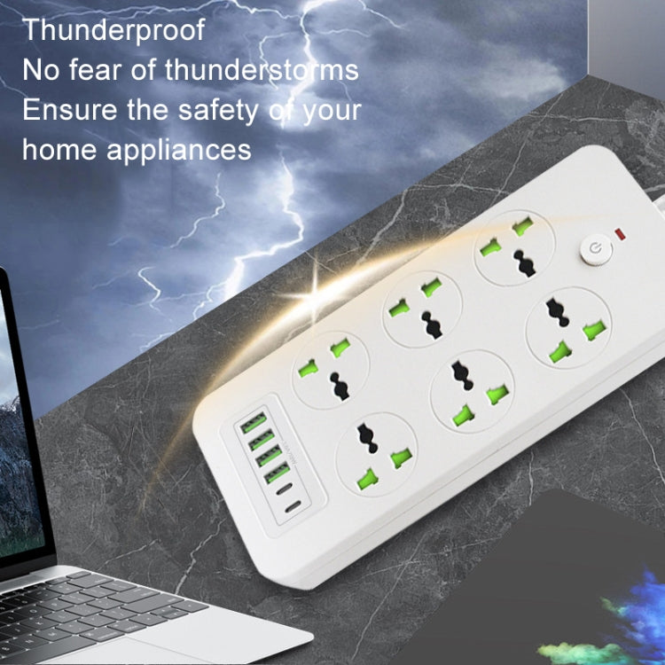 Thunderproof Overload Protection 4USB+2PD+6 Holes Socket, Black UK Plug