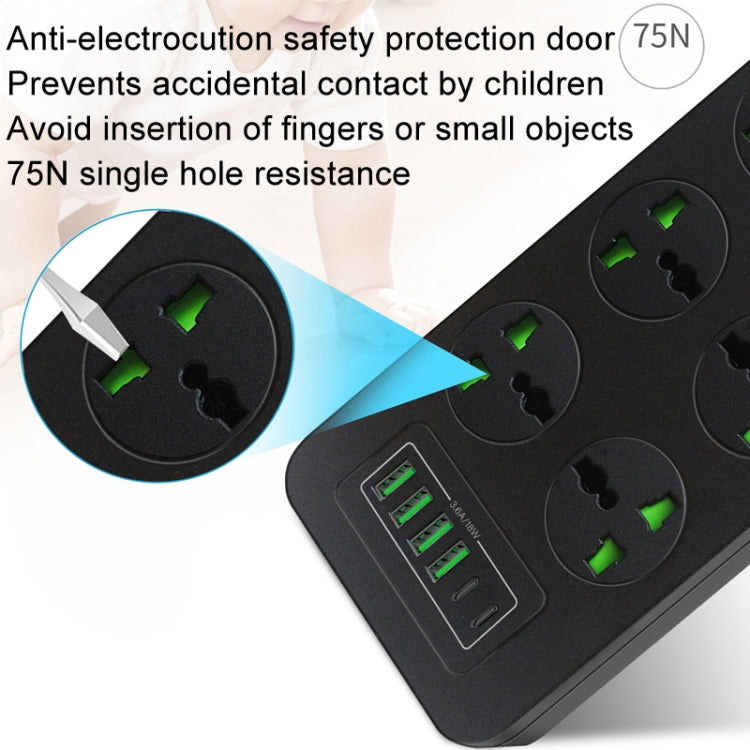 Thunderproof Overload Protection 4USB+2PD+6 Holes Socket, Black UK Plug