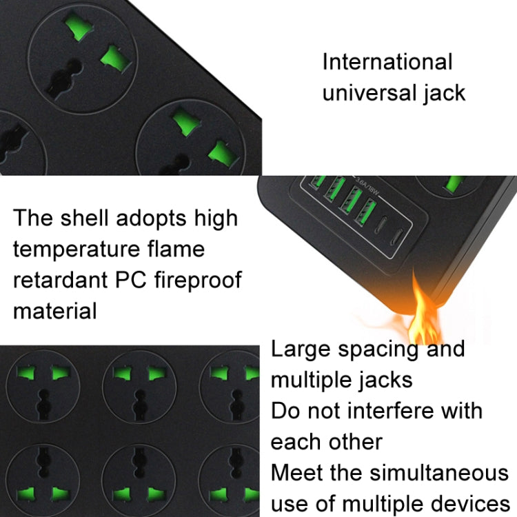 Thunderproof Overload Protection 4USB+2PD+6 Holes Socket, Black UK Plug