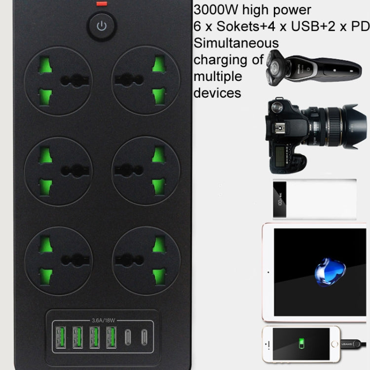 Thunderproof Overload Protection 4USB+2PD+6 Holes Socket, Black UK Plug