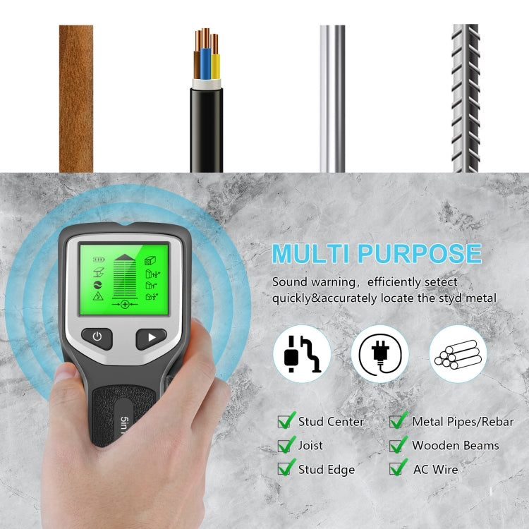 5-in-1 Wall Stud Detector Edge Center Wood Current Metal AC Wires Detection, Black, Silver, Orange