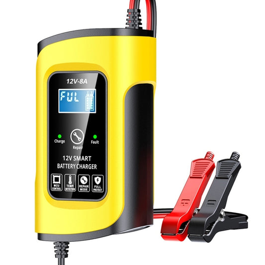 Chargeur de batterie au plomb-acide intelligent FOXSUR 12V8A pour SUV, voiture et moto, avec prise UE, prise US et prise UK.