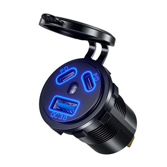 Chargeur de voiture Kewig P22A 12-24V pour véhicule, moto, bateau, modifié, double PD+QC3.0, 3 ports, avec interrupteur et borne